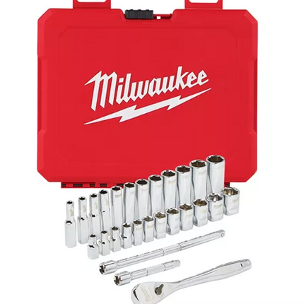 Milwaukee 28-delige doppenset 1/4" metrische Ratel + aandrijving