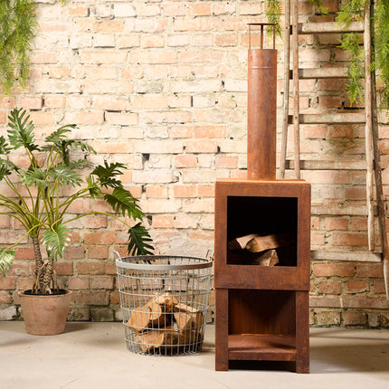 Esschert Design FF298 Terraskachel met houtopslag roest