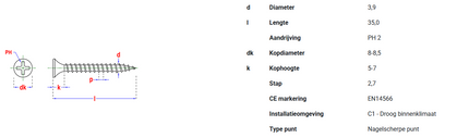 Pgb-fasteners snelbouwschroef "C" op band gefosf. 3,9x35 voldraad - 1000st.