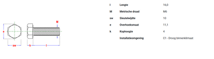 Pgb-fasteners zeskanttapbout 8.8 DIN 933 M 6x16 Zn voldraad - 200st.