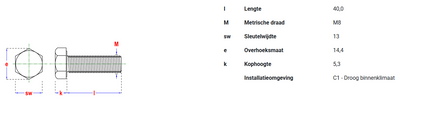 Pgb-fasteners zeskanttapbout 8.8 DIN 933 M 8x40 Zn voldraad - 200st.