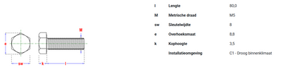 Pgb-fasteners zeskanttapbout 8.8 DIN 933 M 5x80 Zn voldraad - 200st.