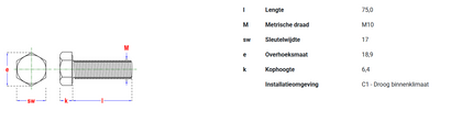 Pgb-fasteners zeskanttapbout 8.8 DIN 933 M 10x75 Zn voldraad - 100st.