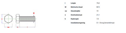 Pgb-fasteners zeskanttapbout 8.8 DIN 933 M 12x70 Zn voldraad - 50st.