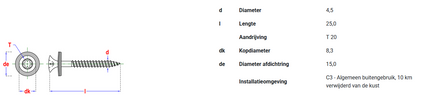 Pgb-fasteners houtschroef DIN7995+EPDM15 4,5x25 T20 deeldraad - 100st.