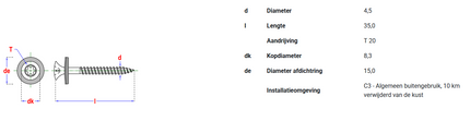 Pgb-fasteners houtschroef DIN7995+EPDM15 4,5x35 T20 deeldraad - 100st.