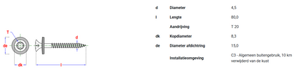 Pgb-fasteners houtschroef DIN7995+EPDM15 4,5x80 T20 deeldraad - 50st.
