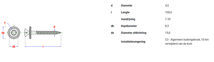 Pgb-fasteners houtschroef DIN7995+EPDM15 4,5x100 T20 deeldraad - 50st.
