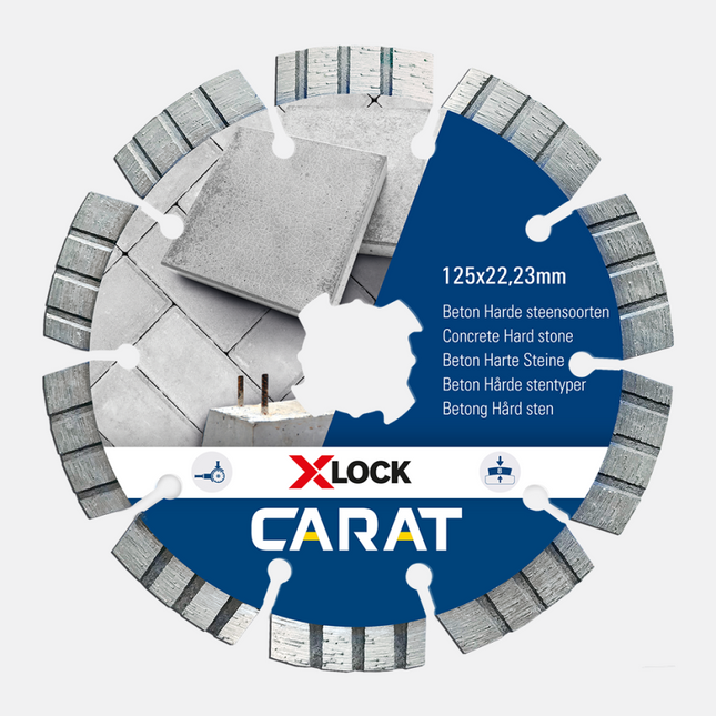 Carat diamantzaag X-Lock Beton 125 x 22,23 - CAXLOCK125 Specificaties: Ø mm 125 Asgat Ø mm 22,23 X-tra handig: het wisselen van accessoires bij haakse slijpmachines was nog nooit zo gemakkelijk. X-tra revolutionair: slechts met één klik te wisselen. X-tra betrouwbaar: diamantzagen kunnen niet verkeerd worden bevestigd.  Voor gebruik op Bosch X-lock haakse slijpers maar ook op haakse slijpers met standaard asgat 22,23 mm.