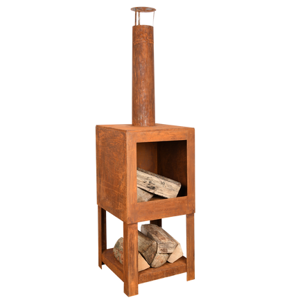 Esschert Design FF298 Terraskachel met houtopslag roest