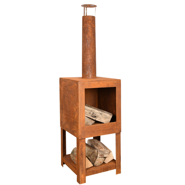 Esschert Design FF298 Terraskachel met houtopslag roest
